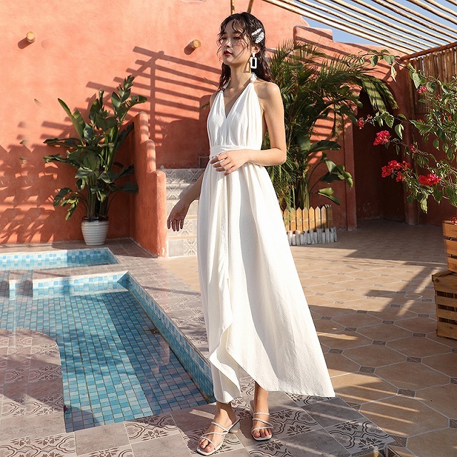 リゾートワンピース 白 ハワイ 沖縄 グアム 50代 40代 30代 代 10代 ロング マキシ丈 Vネック 背中あき ワンピース ノースリーブ 肩だし 韓国の可愛いレディースアパレルのセレクトショップ Kilalion キラリオン
