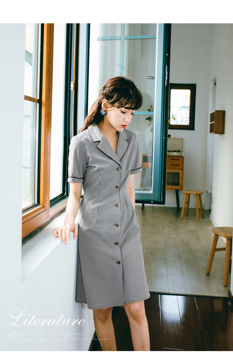 新作 売れ筋 春物 ワンピース ギンガムチェック 開襟 半袖 前ボタン ａライン ひざ上丈 リボン モノトーン ガーリー デート Ladys Paradise