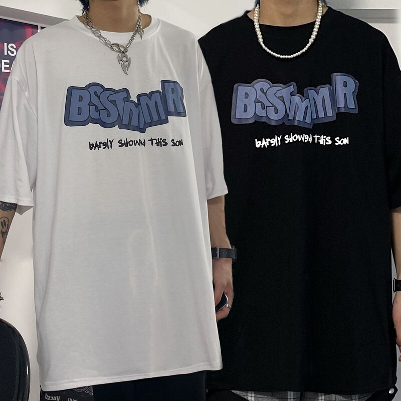 韓国ファッション Tシャツ ユニセックス Tシャツ 半袖 メンズ レディース ラウンドネック 英字 プリント オーバーサイズ 大きいサイズ ルーズ ストリート