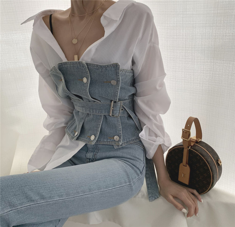 シャツ トップス レディース ブラウス デニム 2点セット 白シャツ 長袖 チューブトップ おしゃれ かっこいい 春 夏 秋 セットアップ ビスチェ 個性的 セクシー カジュアル バンドー ベルスリーブ オフショルダー デニム オーバーサイズ ドロップショルダー 無地 ベルト