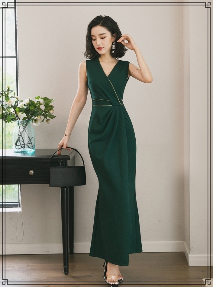 結婚式 パーティー カシュクール ドレープ ワンピ プランジ Vネック 脚見せ セクシー エレガント 大人 Soleil