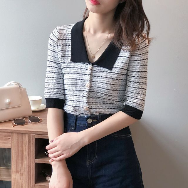 トップス レディース カーディガン 襟付き 半袖 パールボタン ツィード風 きれいめ フェミニン お呼ばれ お出かけ デート きれいめカジュアル 夏 春 Tp 1303 Y Happy Orurea ハッピーオルレア