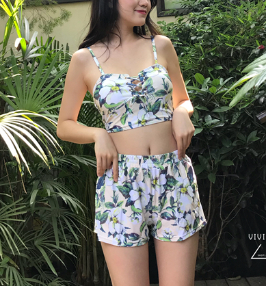 即納 M L 水着 ビキニ ビスチェ 3点セット 花柄 ショートパンツ レースアップ リボン 森ガール 韓国 人気 おすすめ Mme9037 Dress Bird
