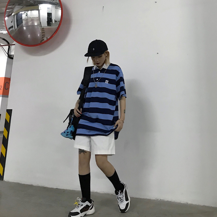 春夏バージョンのオルチャン原宿カレッジスタイルのレトロストライプ刺繍スマイリールーズポロ半袖Tシャツトップス かわいい スプリング 春物