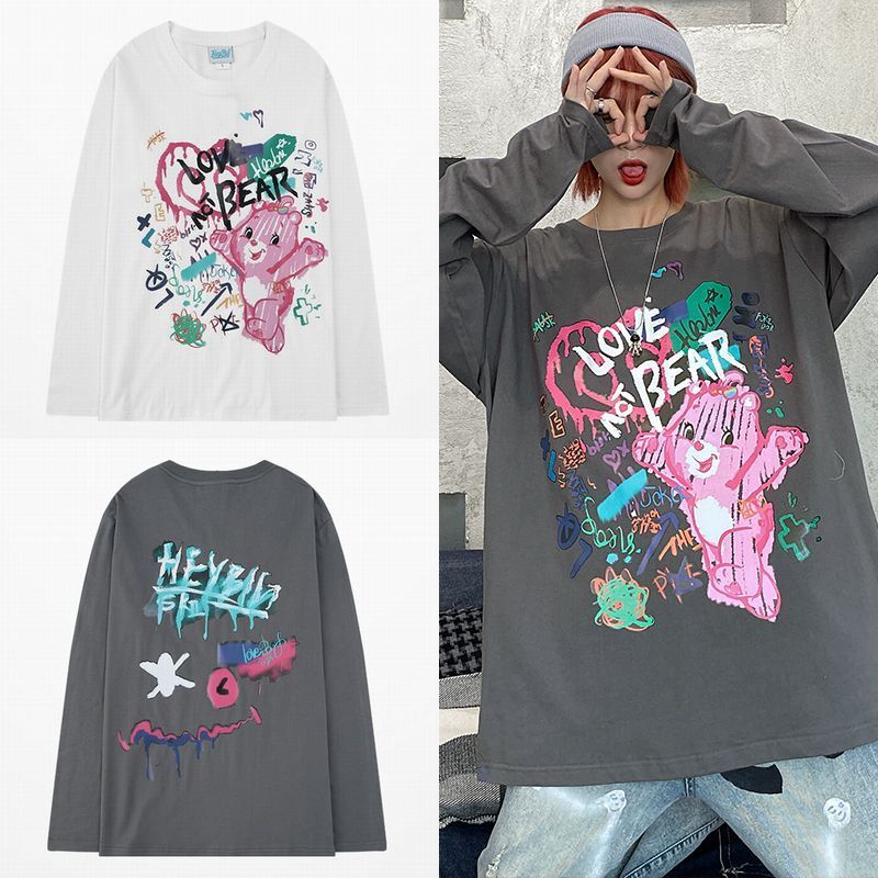 韓国ファッション ロングTシャツ ユニセックス 長袖 Tシャツ メンズ レディース 落書き風 クマ プリント ラウンドネック オーバーサイズ 大きいサイズ ストリート