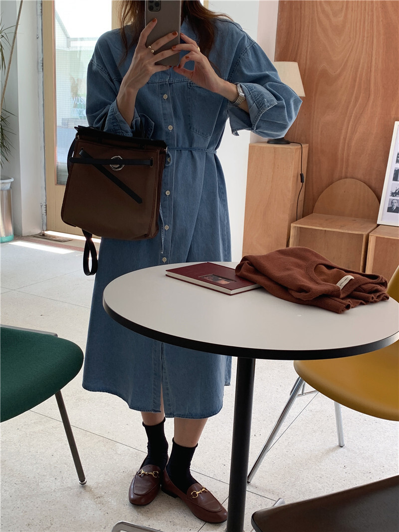 ワンピース デート デニムワンピース ミモレ ミモレ丈 袖あり 長袖 デニム かわいい 大人可愛い きれいめ シンプル カジュアル 大人 上品 おしゃれ お洒落 主役級 存在感 春 秋 10代 20代
