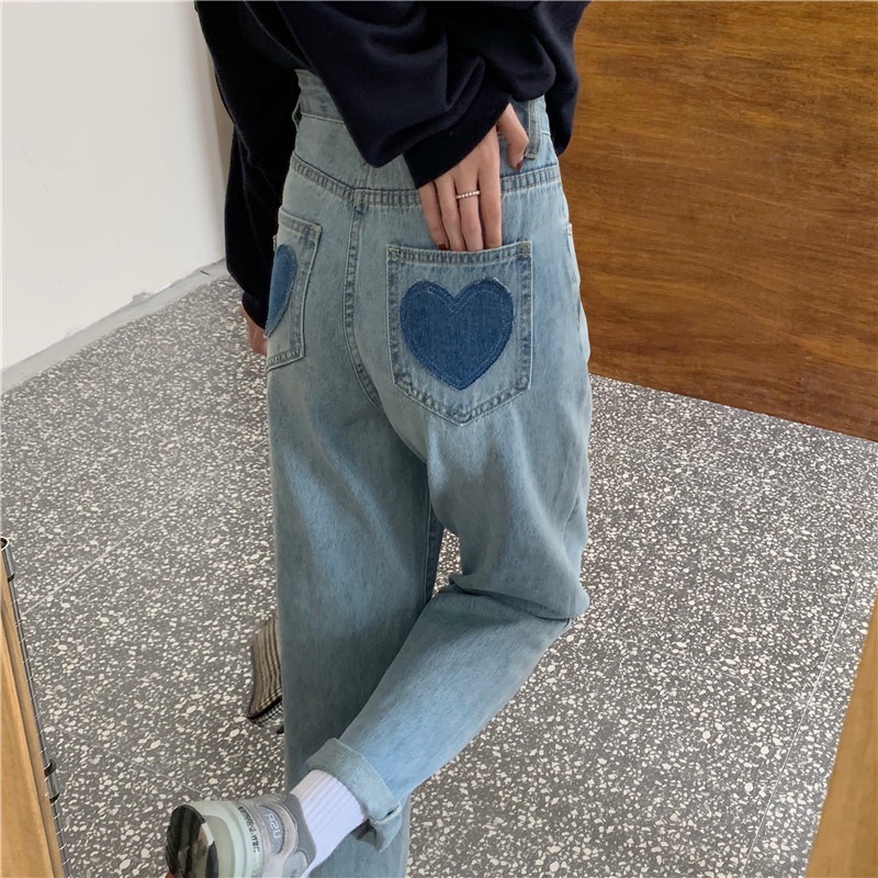 ハートパッチ ヴィンテージブルー デニムパンツ ハイウエスト ルーズ ストレート レトロ かわいい カジュアル ボーイズライク Tp2563 Ladys Paradise ハートパッチ ヴィンテージブルー デニムパンツ ハイウエスト ルーズ ストレート レトロ かわいい カジュアル ボーイズライク Tp2563 Ladys Paradise