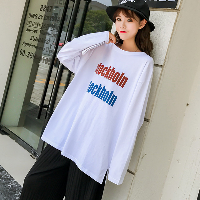 長袖 Tシャツ ロング丈 ロンt ロゴ ラウンドネック ゆったり 体型カバー カジュアル 通学 学生 レディース トップス 白 ホワイト Ladys Paradise