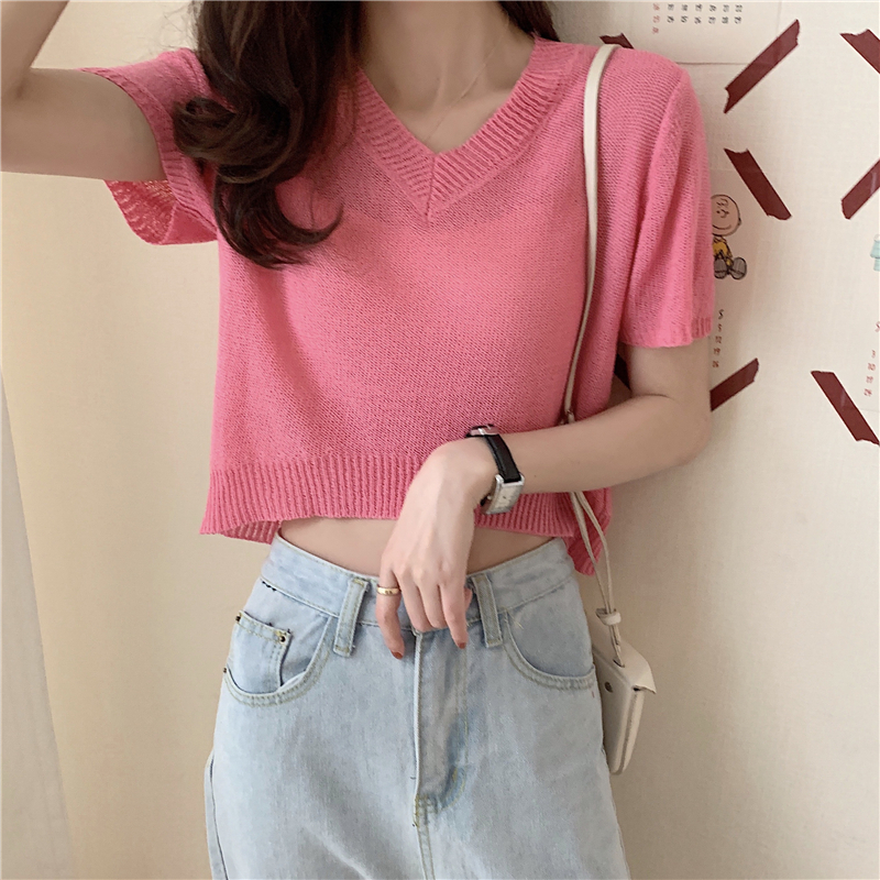 送料無料 ニット サマーセーター サマーニット 半袖 Vネック ミニ丈 へそ出し カラバリ豊富 シャーベットカラー きれい色 透け感 シアー 薄手 フェミニン カジュアル 大人可愛い セクシー 韓国ファッション 夏 デイリー コーデ お出かけ デート 女子会 イベント フェス