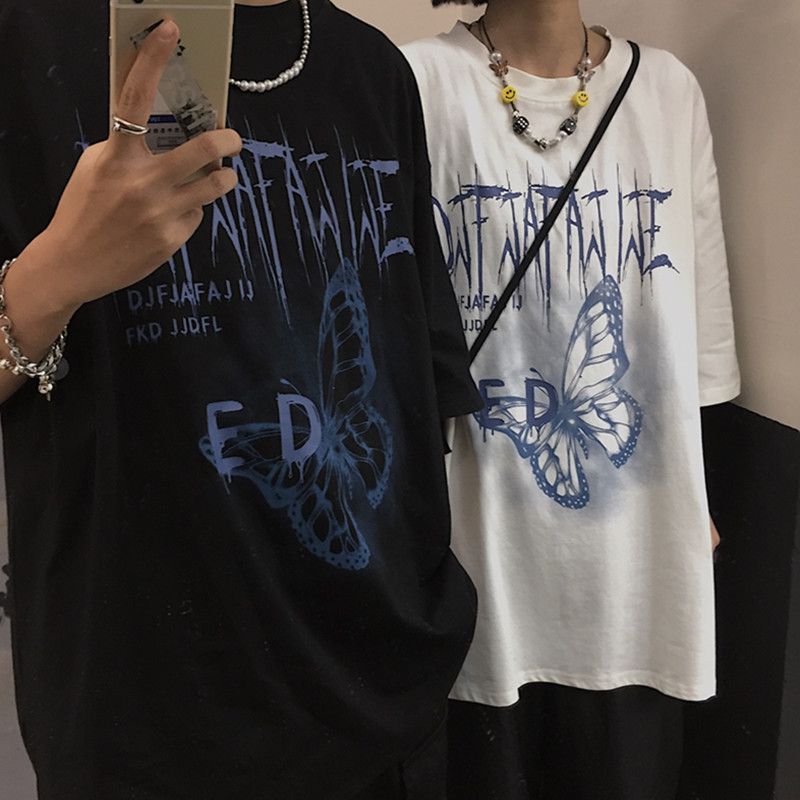 韓国ファッション Tシャツ ユニセックス Tシャツ 半袖 メンズ レディース ラウンドネック バタフライ 蝶 プリント オーバーサイズ 大きいサイズ ルーズ ストリート