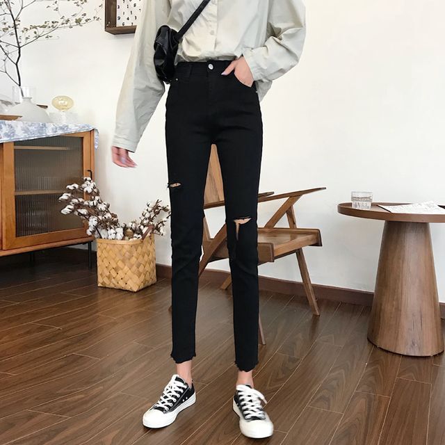 クラッシュ スキニーパンツ ボトムス レディース パンツ スキニー デニム ブラック 切りっぱなし カジュアル 大人カジュアル オールシーズン Pn 0087 Y Happy Orurea ハッピーオルレア