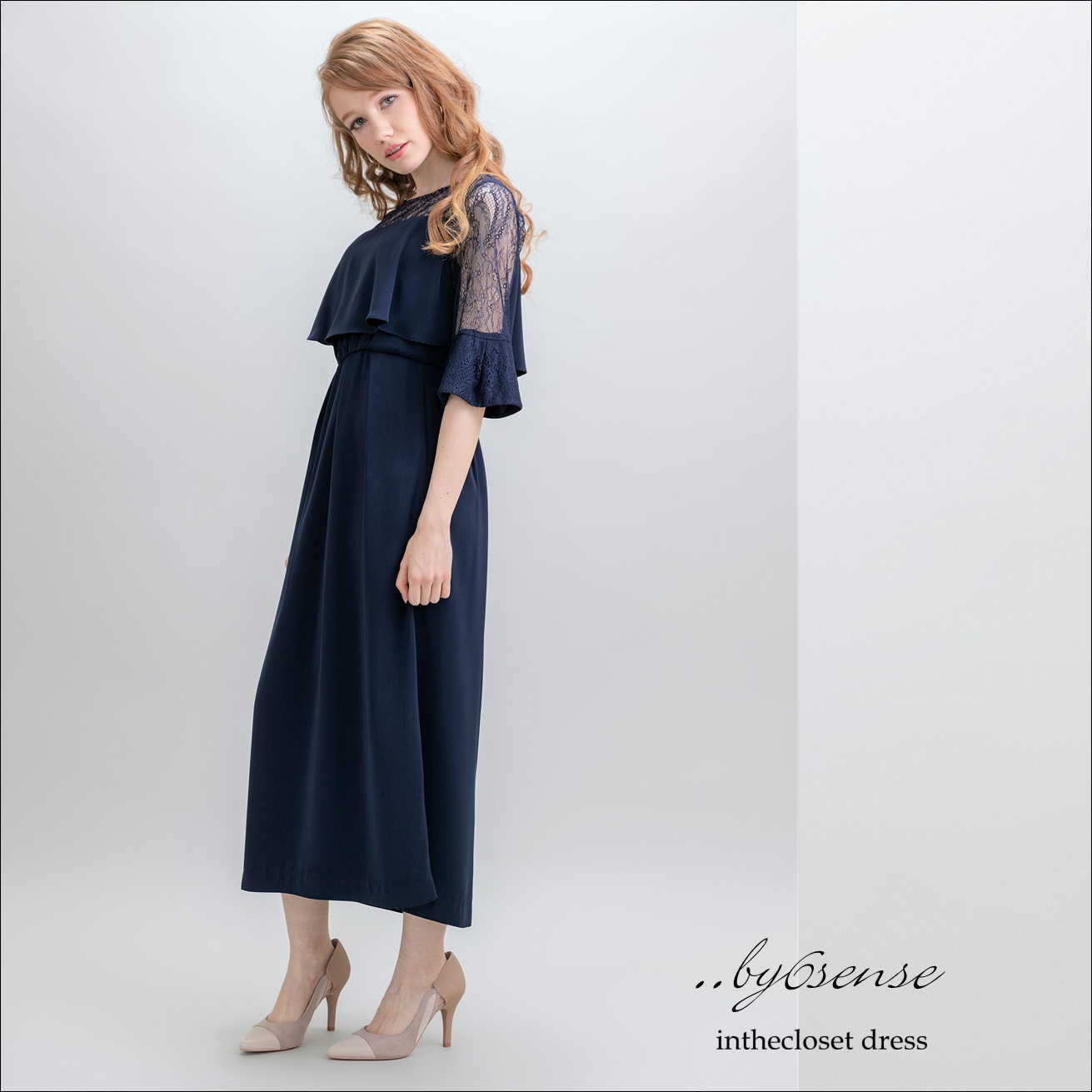 袖配色レースiラインロングワンピース 結婚式 披露宴 謝恩会 お呼ばれドレス お呼ばれドレス パーティードレス専門店 By6sense Dress