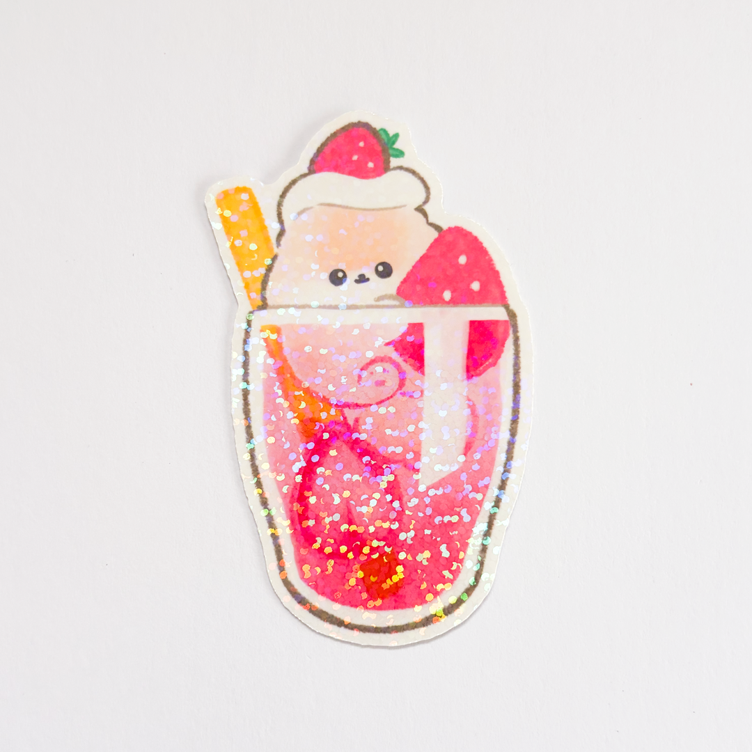 【ホログラムステッカー】いちごフロートとポメラニアンのぽぽち