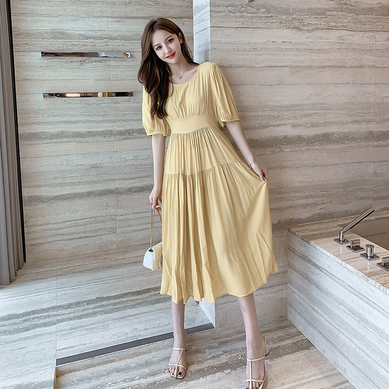 2020年夏の女性の新しい新鮮で甘いシフォンドレスウエストスリム薄い黄色のドレス一世代 大人ガーリー スウィート キュート カジュアル サマー
