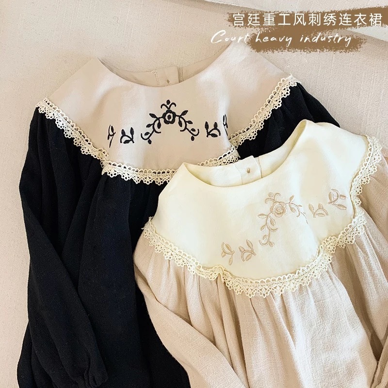 刺繍 ワンピース 襟 春 洋風 上品 女の子 秋 黒 ベージュ 結婚式 七五三 ワンピース ベビー キッズ Ayu Select