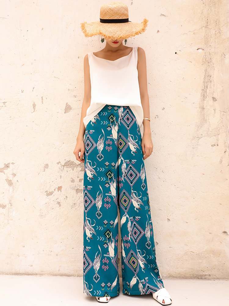 ワイドパンツ シフォン エスニック柄 ゆったり ウエストゴム 大人