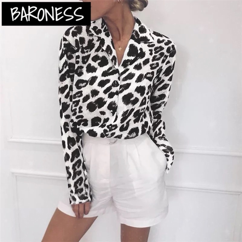 送料無料 4色 ヒョウ柄 レオパード シャツ トップス 長袖 春 秋 グレー ブラウン ピンク ホワイト Baroness