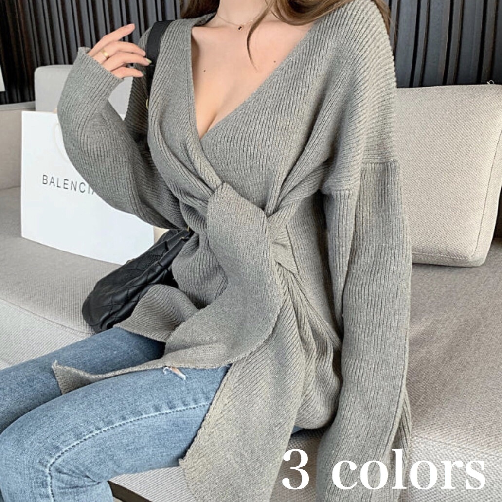 カシュクール 結び リブ ニット トップス レディース 秋 冬 服 長袖 韓国 ファッション 胸元 セクシー ゆる セーター Tp 0326 Happy Orurea ハッピーオルレア