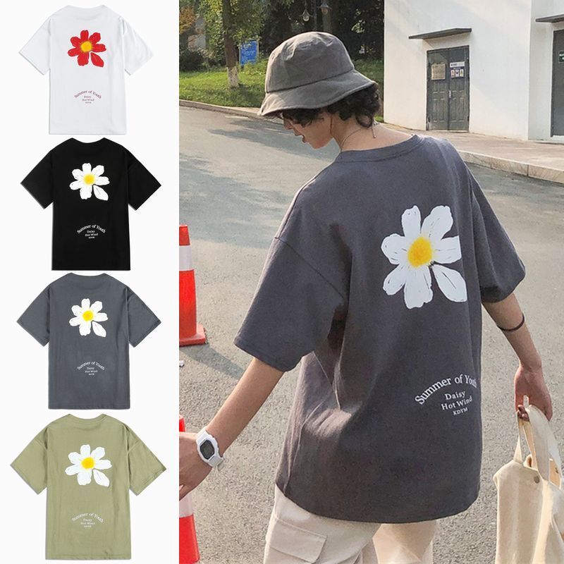 韓国ファッション Tシャツ ユニセックス Tシャツ 半袖 メンズ レディース ラウンドネック 英字 一片の花 フラワープリント オーバーサイズ 大きいサイズ ルーズ ストリート