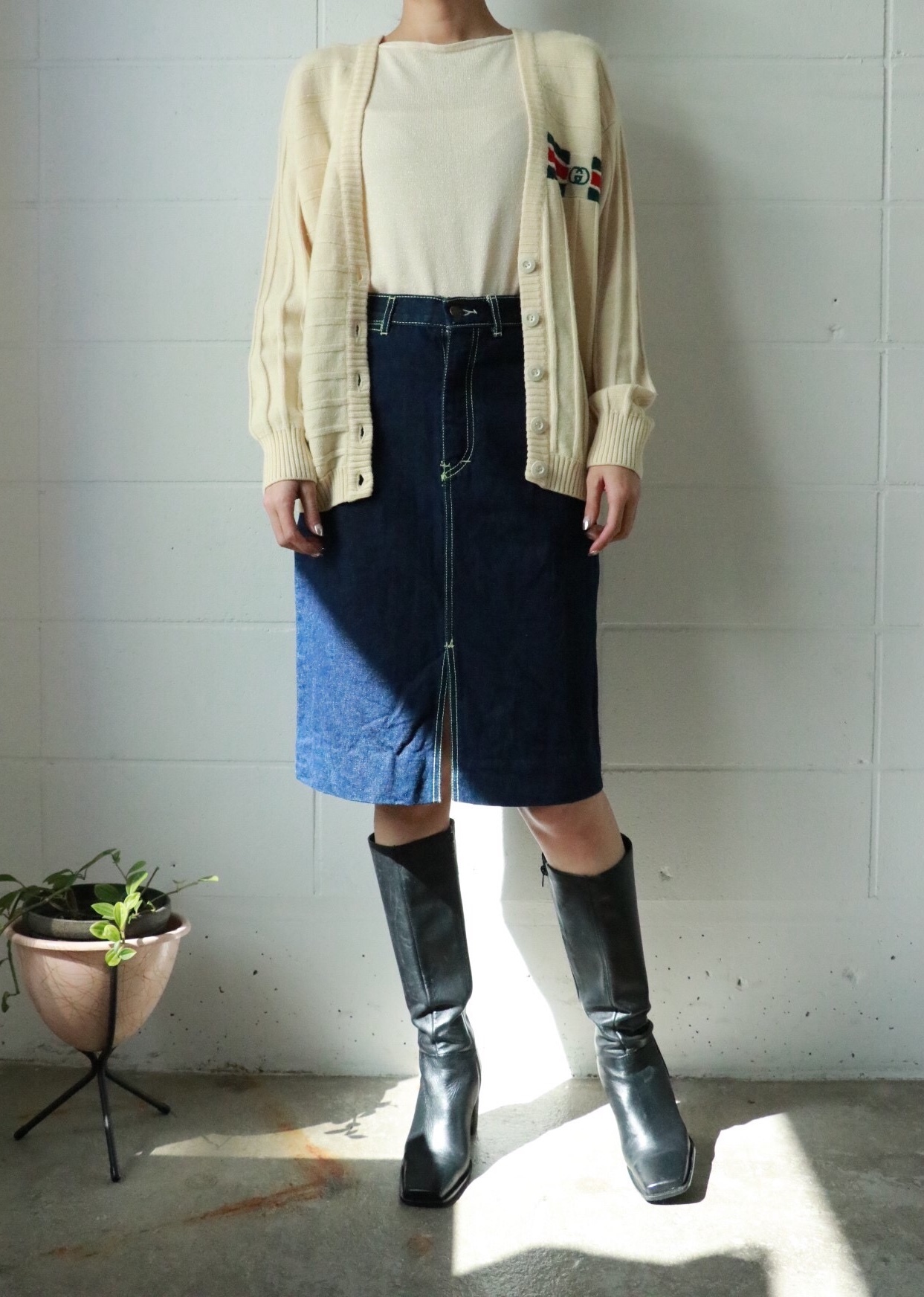 denim skirt and thigh high boots