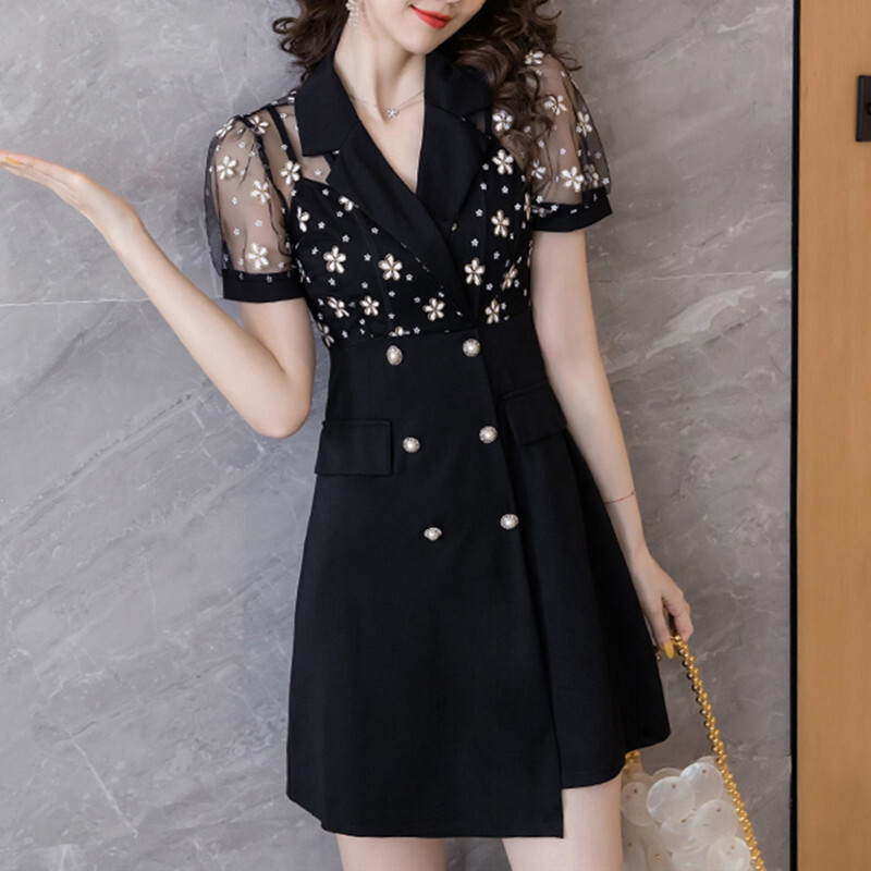 ワンピース カジュアル 一目惚れ 通勤 Aライン 黒 二重折り襟デザイン 半袖 ブラック 切り替え S M L Xl 2xl Dresszone