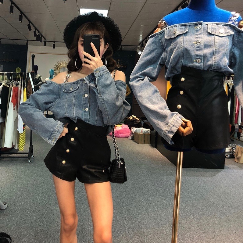 新作 セットアップ ツーピース デニムシャツ ショートパンツ レザー感 オフショル ハイウエスト レディース Manajily オルチャン 韓国 プチプラレディースファッション