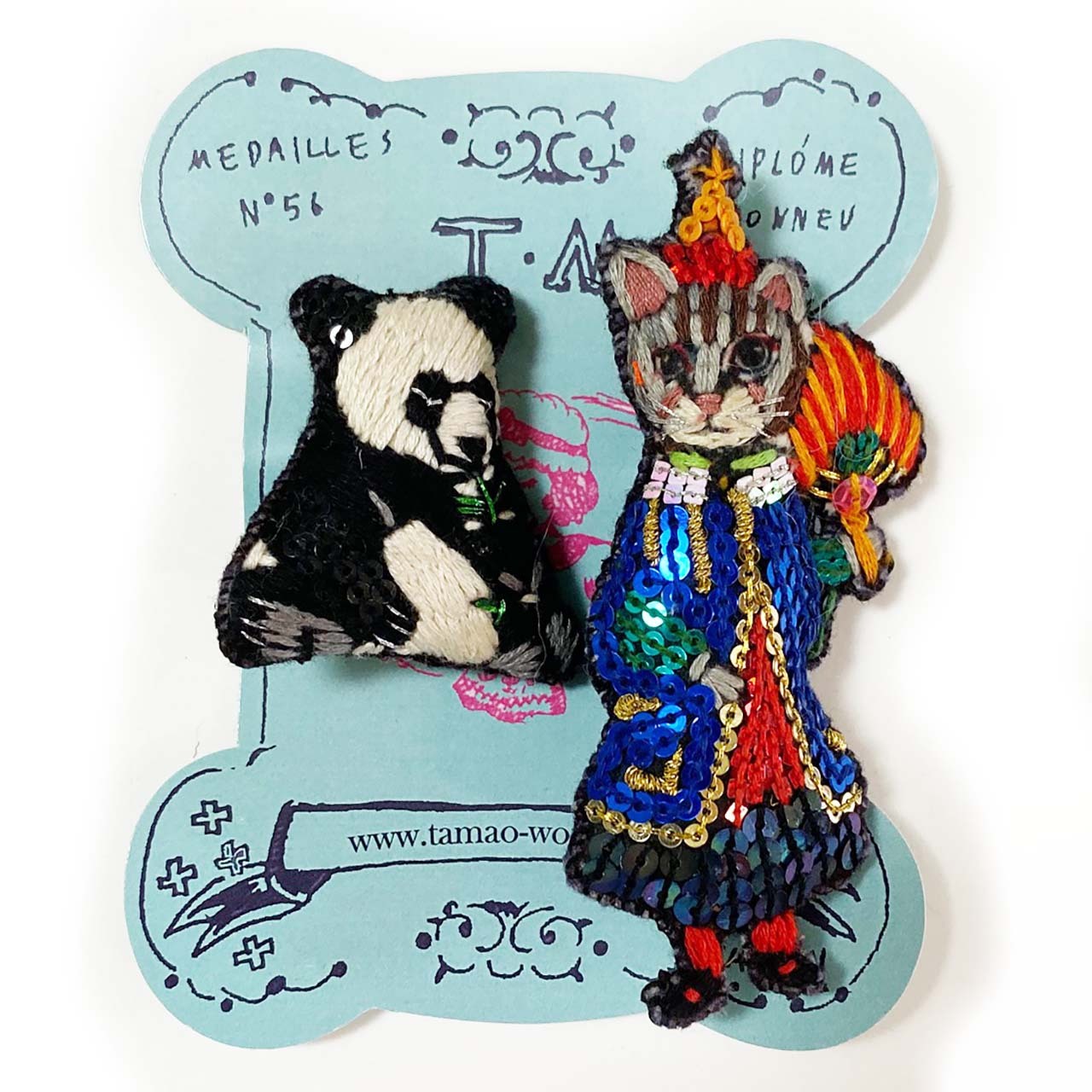 刺繍ミニブローチシノワキャットとパンダ Tamaobazaaar