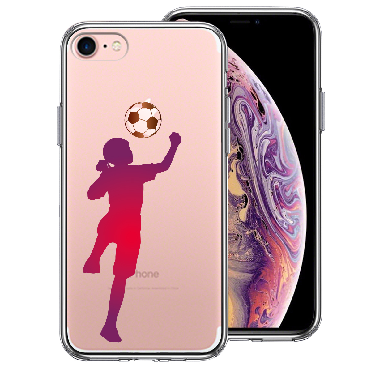 iPhone7 側面ソフト 背面ハード ハイブリッド クリア ケース サッカー ヘディング 女子