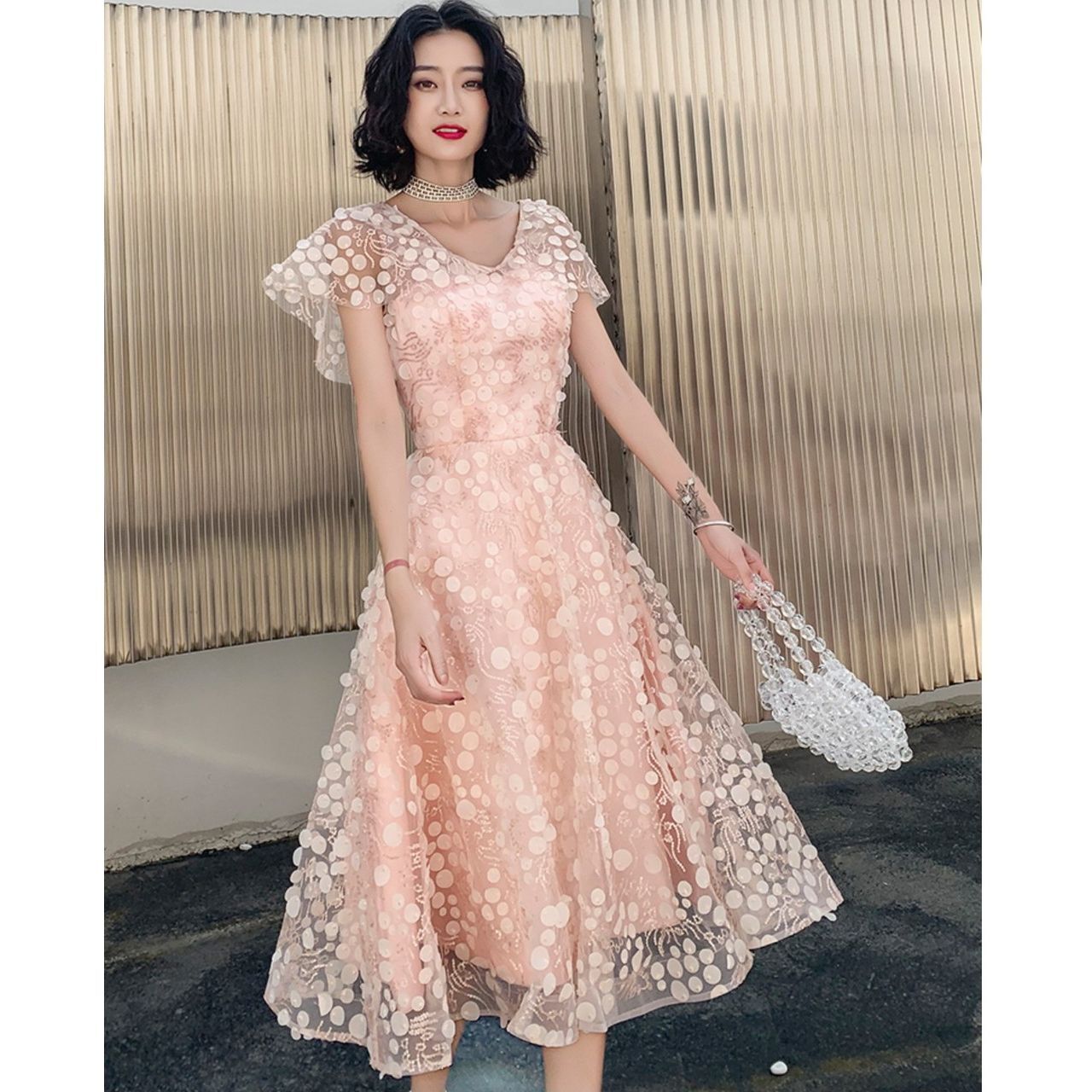 ドレス ワンピース ひざ下丈 ミモレ丈 半袖 Aライン 透け感 ドット ガーリー フェミニン パーティ 二次会 街角のカフェテラス