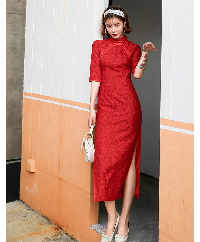 ロング丈チャイナドレス レースチャイナドレス チャイナ風ワンピース ロングドレス 七分袖 大きいサイズ S M L Ll 3l 4l 民国風 エレガント チャイナ風服 レッド 赤い Dresszone