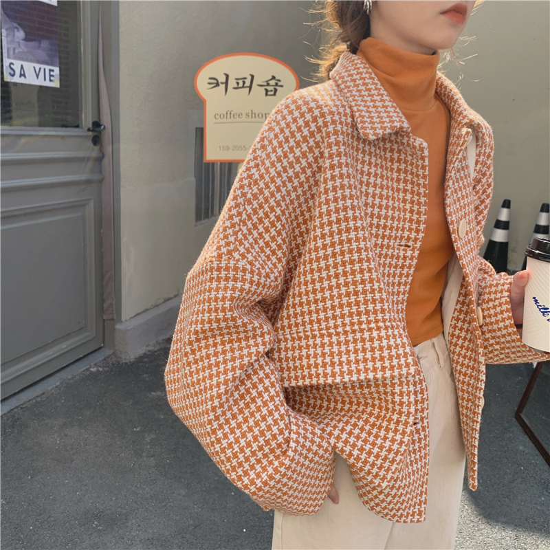 千鳥柄 アウター チェック 柄 オレンジ 個性的 かわいい カジュアル 韓国ファッション コーデュロイ 580 Sweetly