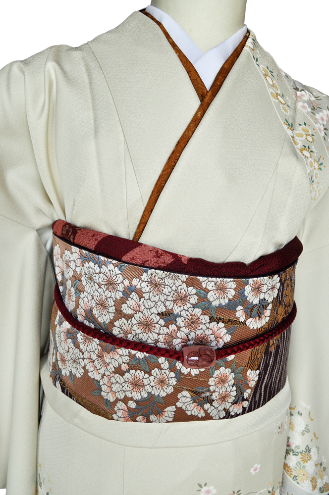 訪問着レンタル■上品なベージュ地に菊・桜・梅の小花柄■正絹フリーサイズhu10〔往復送料無料〕 - 画像4