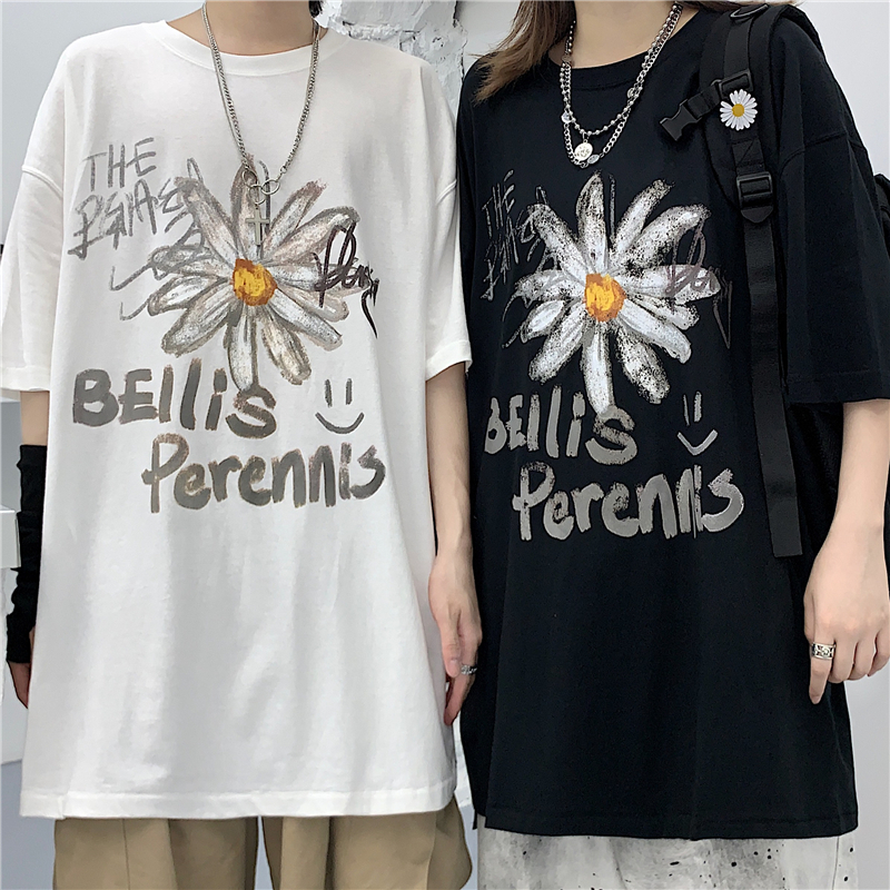 韓国ファッション Tシャツ ユニセックス Tシャツ 半袖 メンズ レディース 落書き風 英字 花 フラワー プリント オーバーサイズ 大きいサイズ ルーズ ストリート