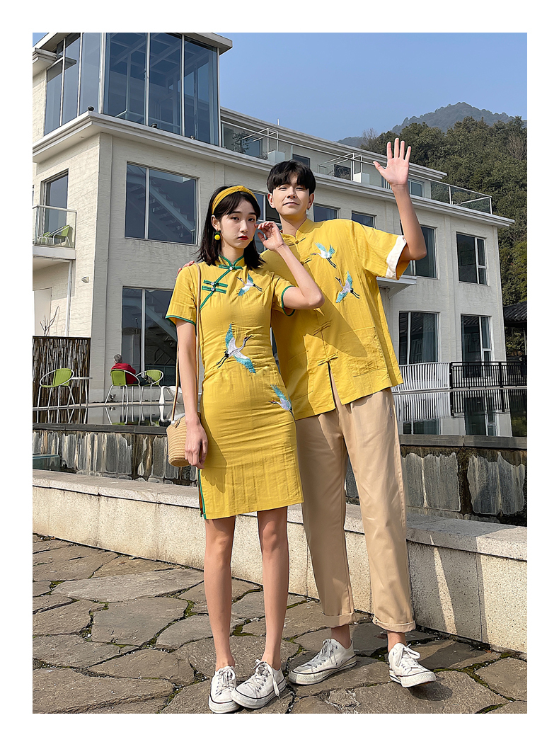 鶴 チャイナドレス ワンピース 0916 メンズチャイナシャツ チャイナ服 カップル ペアルック リンクコーデ カジュアル お揃い デート 夫婦 親子 カップルのリンクコーデ専門店 Pair Cele ペアセレ
