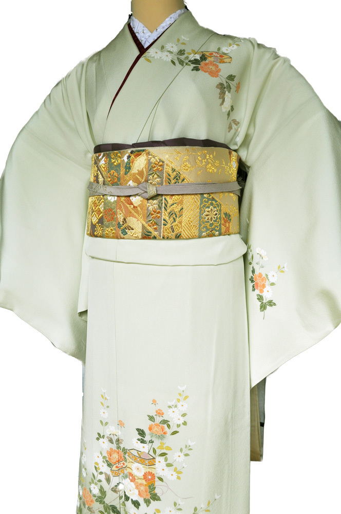 ワイドサイズ(トール&ワイド)■訪問着レンタル■黄緑縮緬地に花柄huwide4〔往復送料無料〕 - 画像3