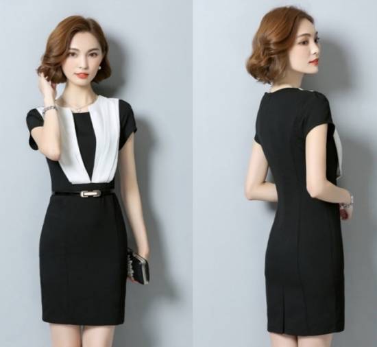 シンプル黒ワンピに白のポイントが胸元に大人奇麗 細ベルトでウエストポイント ワンピース Dresweet 結婚式お呼ばれドレス専門店