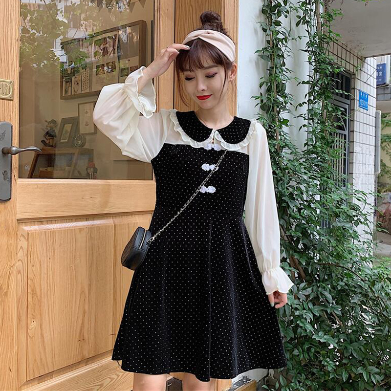 チャイナ風ワンピース チャイナ風服普段着 チャイナボタン 長袖 ショート丈 折り襟 女子会 同窓会 合わせやすい 可愛い ドット柄 可愛い Dresszone