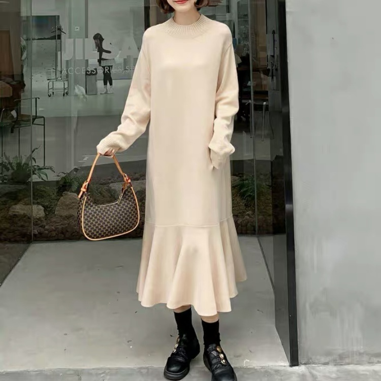 サイズ豊富 M Xxl 2色 裾フレアー ハイネック ニット ワンピース ロングニットワンピース 長袖 セーター ニットワンピ レディース Anoel