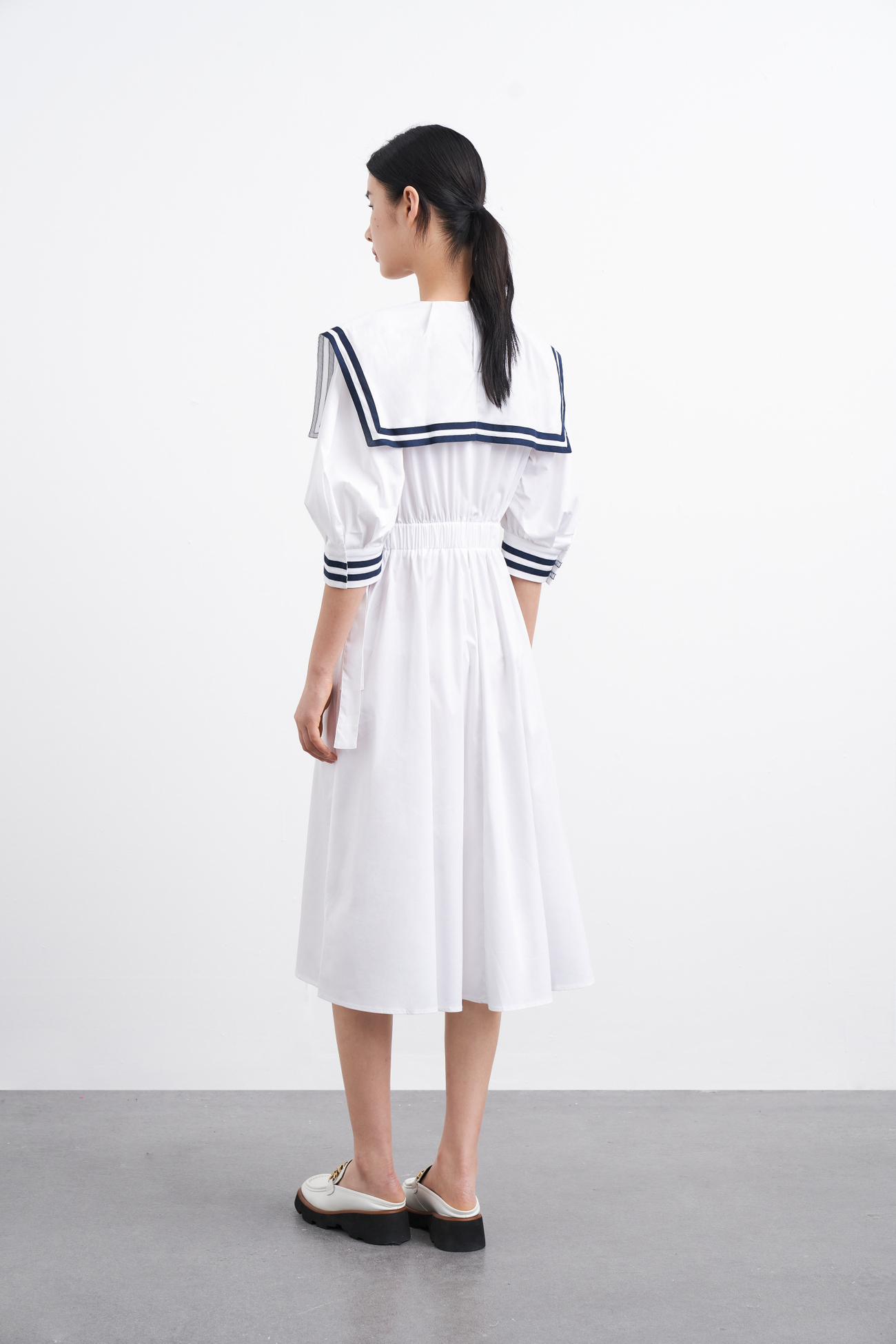 春 夏 秋 婦人服 アカデミーユース ネイビー カラー タイワンピ ボリューム ワンピース ホワイト XS S M L XL ワンピース 膝下 袖あり 半袖 かわいい 大人可愛い きれいめ シンプル