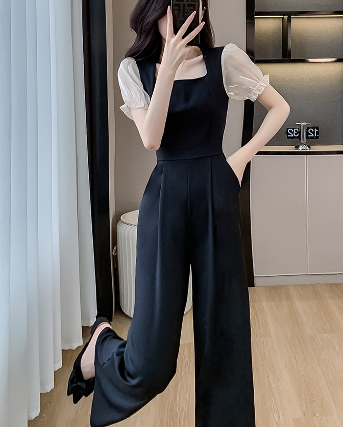 オールインワンパンツ ロングパンツ 半袖 スクエアネック ハイウエスト 異素材ミックス ワイドパンツ 可愛い かわいい 大人可愛い きれいめ シンプル 上品 おしゃれ かっこいい カジュアル レトロ