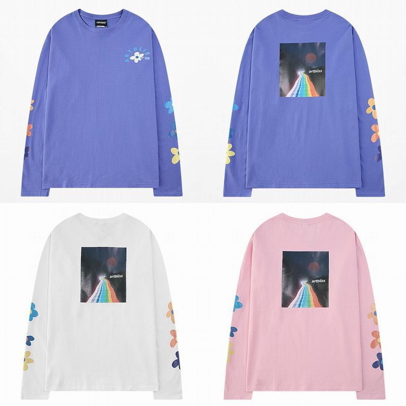 韓国ファッション ロングTシャツ ユニセックス 長袖 Tシャツ メンズ レディース 花びら 虹の道 袖プリント バックプリント オーバーサイズ 大きいサイズ ストリート