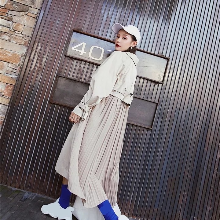 バックプリーツ切り替えトレンチコート ワンピース風 レイヤード ルーズシルエット 秋 春 パッチワーク 異素材ミックス ライトアウター 韓国 カジュアル Littleammie