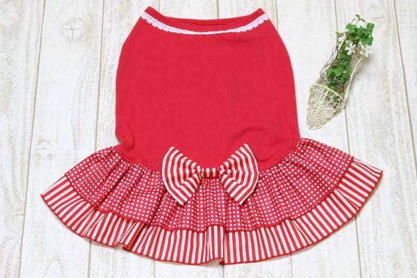 ブルドッグの服 可愛いワンピ チェック ストライプ 赤 イングリッシュブルドッグの服 ｂｕｌｌ ｃｈｅｒｉｒｅ
