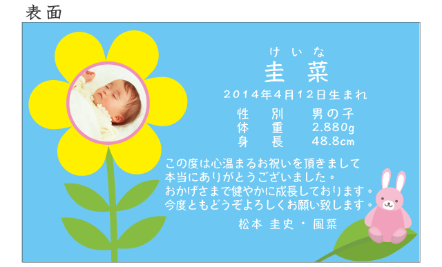 出産内祝いのメッセージカード 元気なおはなとうさぎ 100枚 Sona Design