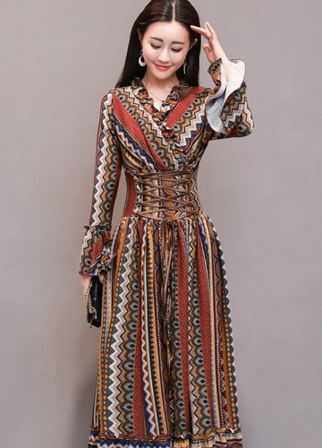 ロングワンピース 冬 エスニック柄 ロング丈 vネック おしゃれ ドレス ワンピース お呼ばれ お出かけ Manajily オルチャン 韓国 プチプラレディースファッション