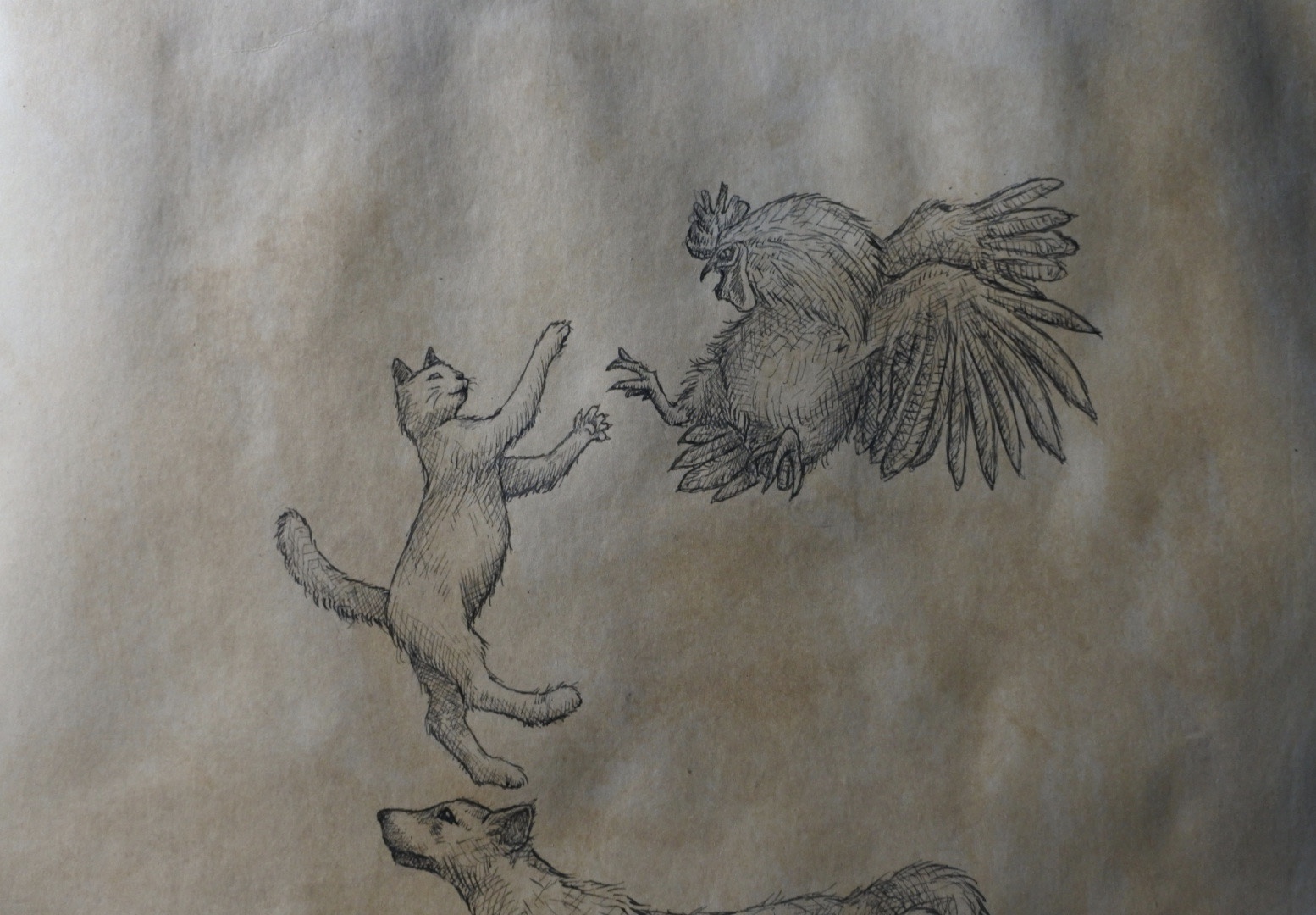 ペン画 ブレーメンの音楽隊 イラスト 絵画 瀬川 晴梓 コーヒー染め サイズ ケント紙にインク ルネッタオリジナル Lunetta ルネッタ