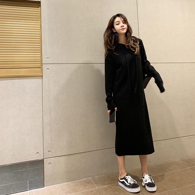 冬 ソリッドカラー フード付き ワンピース 長袖 トレーナーワンピ ロング丈 レトロ感 学生風 オルチャン レディース Manajily オルチャン 韓国 プチプラレディースファッション