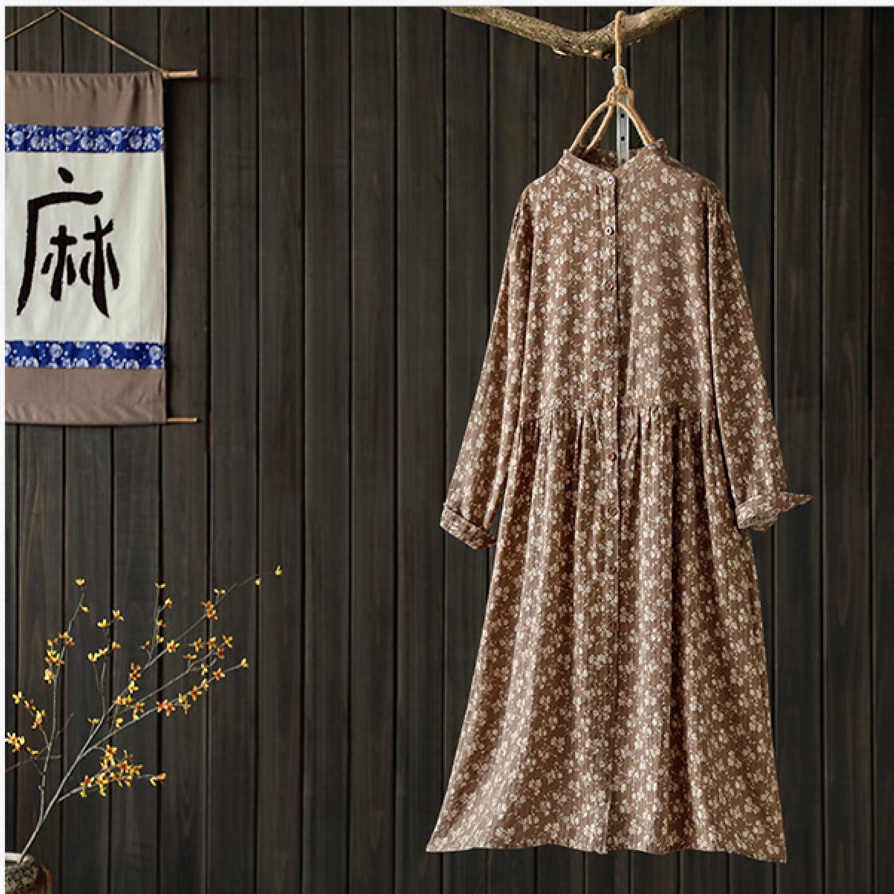 ワンピース シャツワンピース 襟なし コットン ロング丈 ラウンドネック 長袖 花柄 ａライン 大人可愛い 秋冬 レトロ 街角のカフェテラス