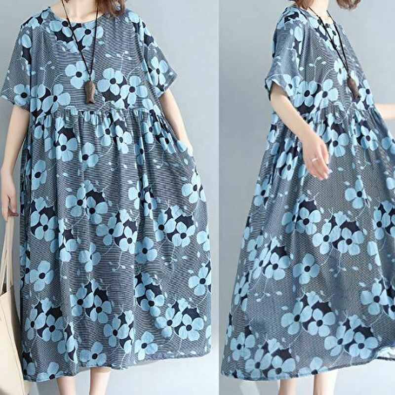 送料無料 大きいサイズ レディース 新作 ワンピース 綿 ロングワンピース 花柄 プルオーバー 体型カバー 春コーデ ゆったりワンピ コーデ 夏リゾート 夏コーデ 人気 激安 Hiro Stylish Shop