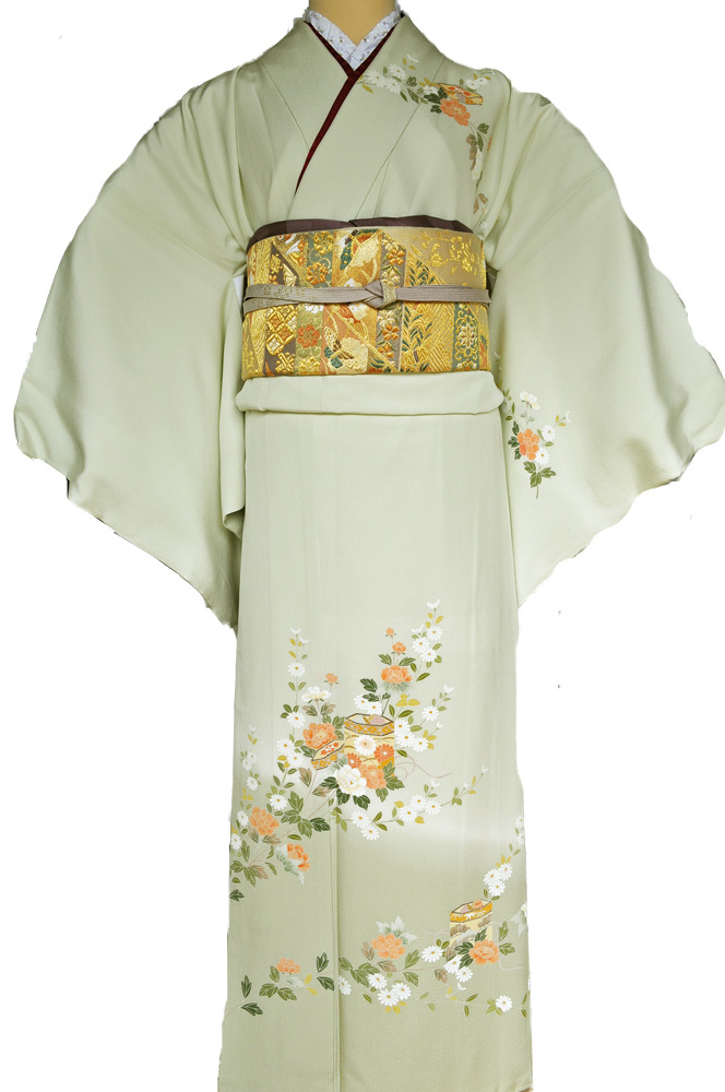ワイドサイズ(トール&ワイド)■訪問着レンタル■黄緑縮緬地に花柄huwide4〔往復送料無料〕 - 画像2